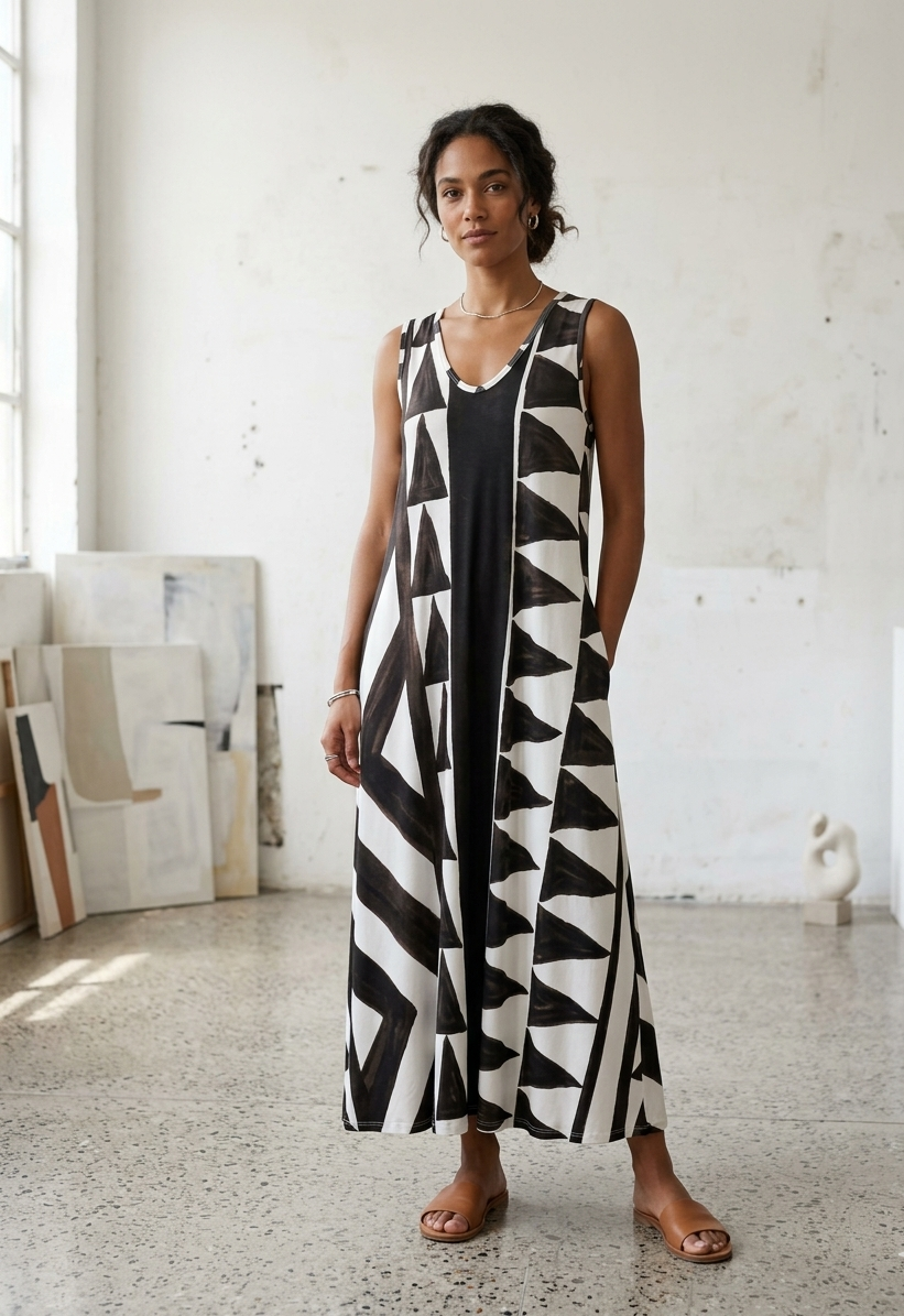 Vestido de Corte Fluido con Estampado Geométrico de Inspiración Étnica