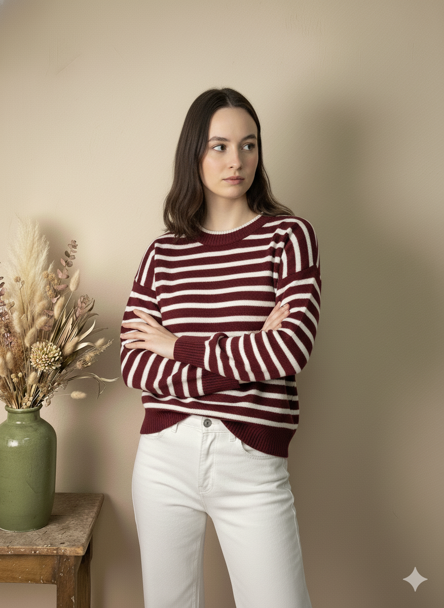 Jersey de Punto Fino a Rayas Burdeos y Blanco