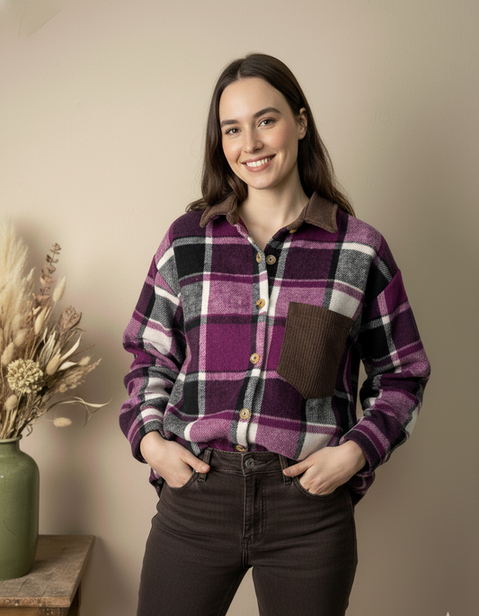 Camisa de Paño a Cuadros Morados con Cuello y Bolsillo de Pana