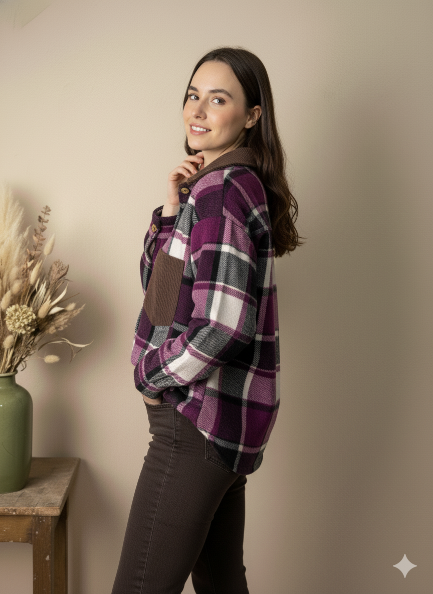 Camisa de Paño a Cuadros Morados con Cuello y Bolsillo de Pana