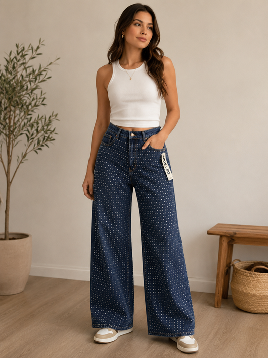 Jeans Wide Leg Crystal Dots
