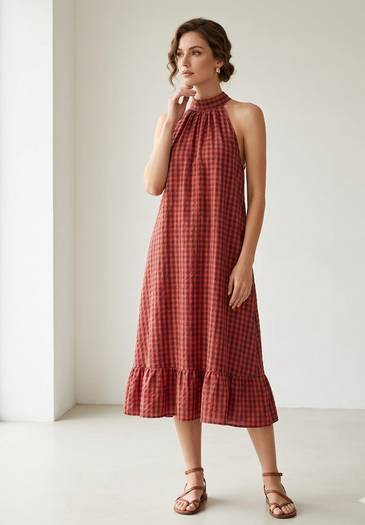 Vestido Maxi Gingham con Cuello Halter