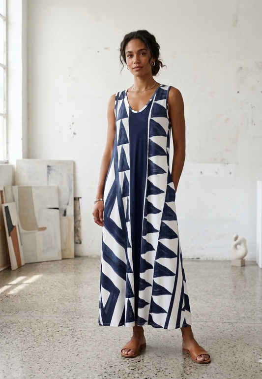 Vestido de Corte Fluido con Estampado Geométrico de Inspiración Étnica