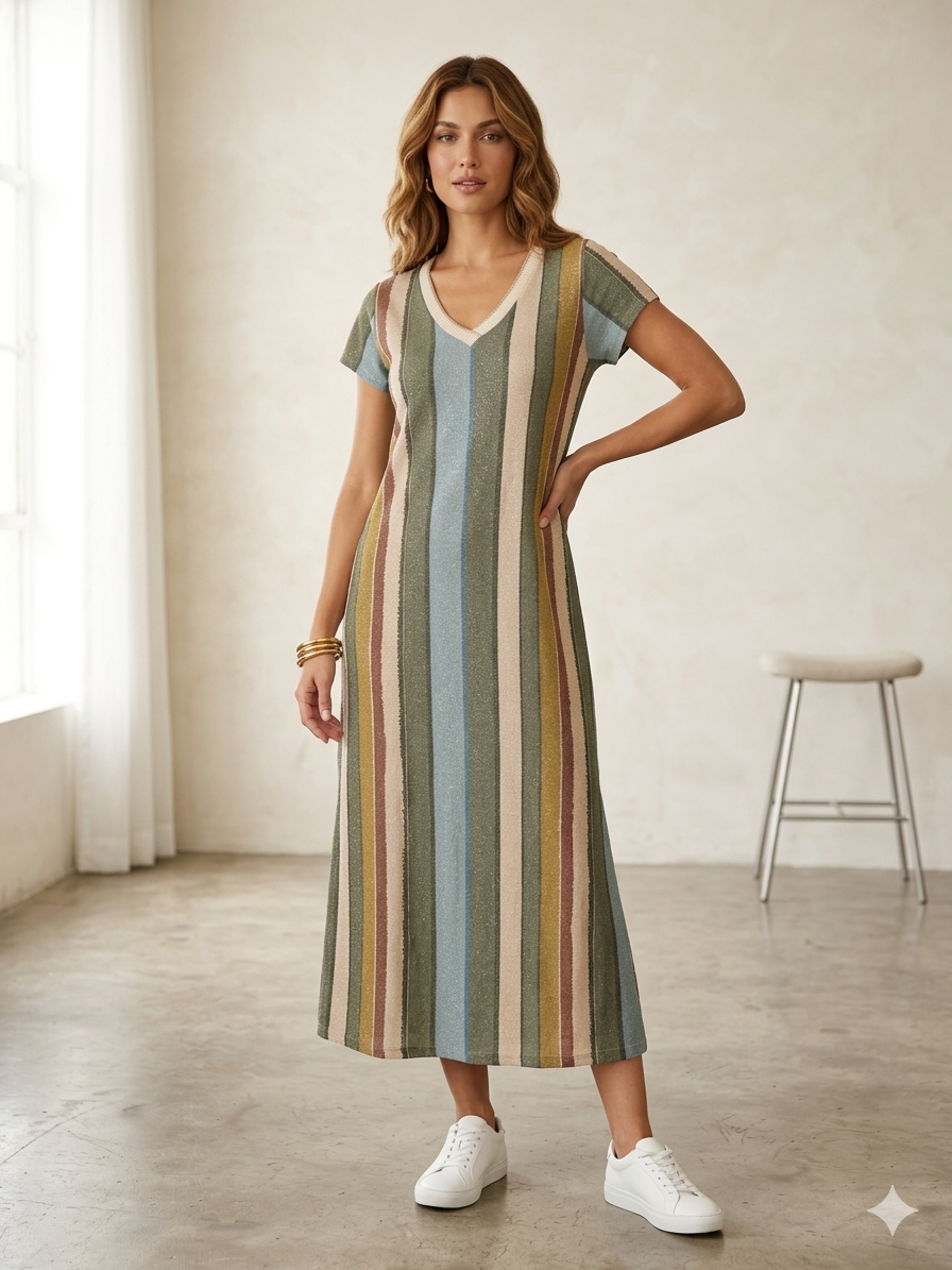 Vestido de Punto con Rayas Verticales en Tonos Tierra y Detalles Metalizados