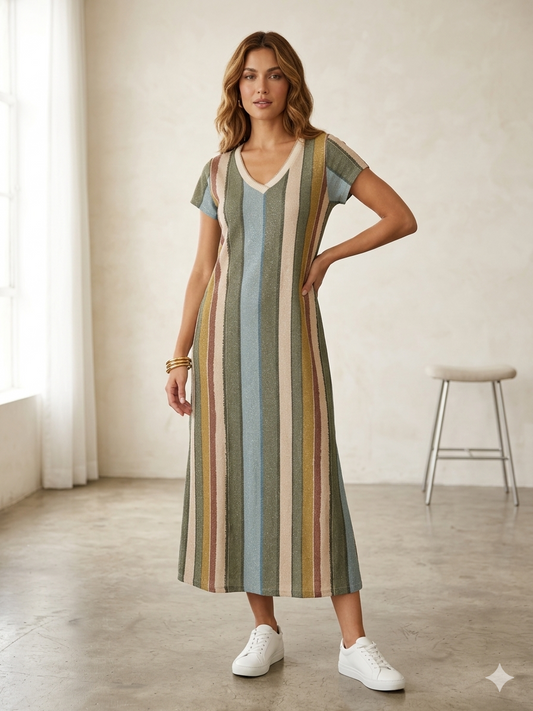 Vestido de Punto con Rayas Verticales en Tonos Tierra y Detalles Metalizados