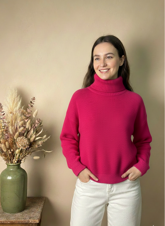 Jersey de Cuello Alto de Punto Acanalado en Rosa Vibrante