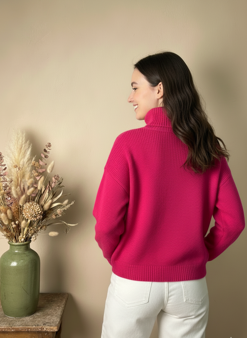 Jersey de Cuello Alto de Punto Acanalado en Rosa Vibrante