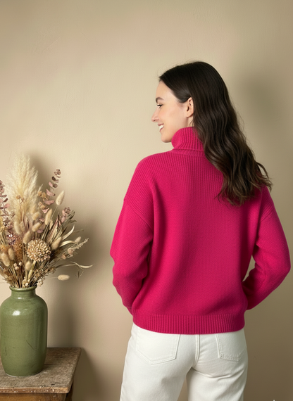 Jersey de Cuello Alto de Punto Acanalado en Rosa Vibrante