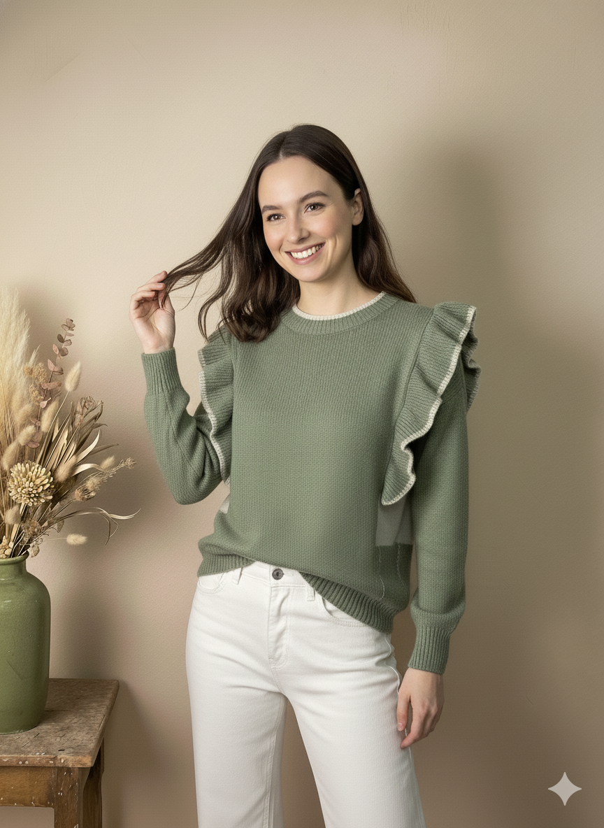 Jersey de Punto Verde Musgo con Volantes