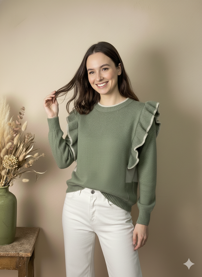 Jersey de Punto Verde Musgo con Volantes