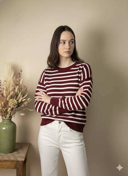 Jersey de Punto Fino a Rayas Burdeos y Blanco