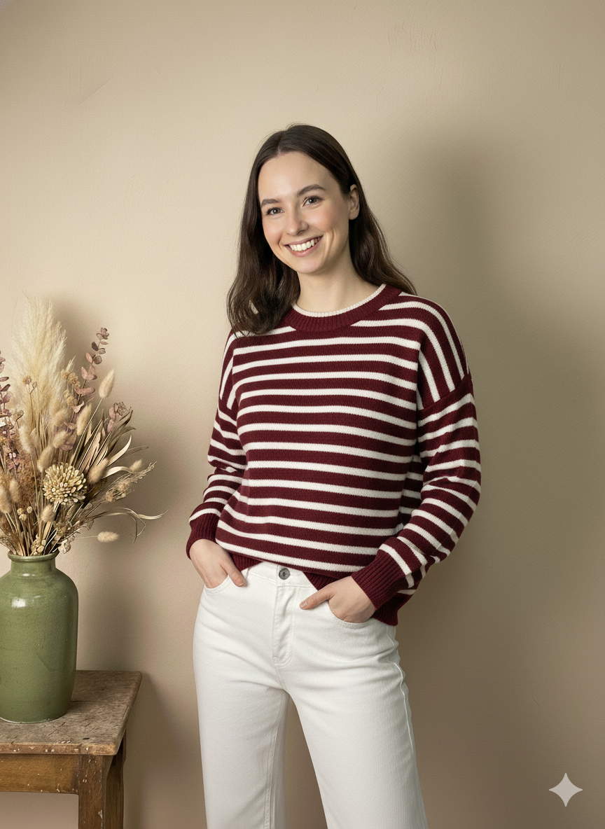 Jersey de Punto Fino a Rayas Burdeos y Blanco