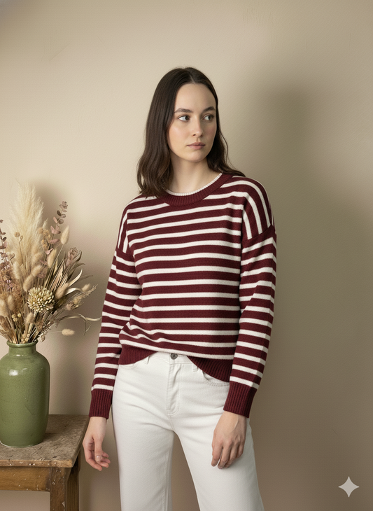 Jersey de Punto Fino a Rayas Burdeos y Blanco