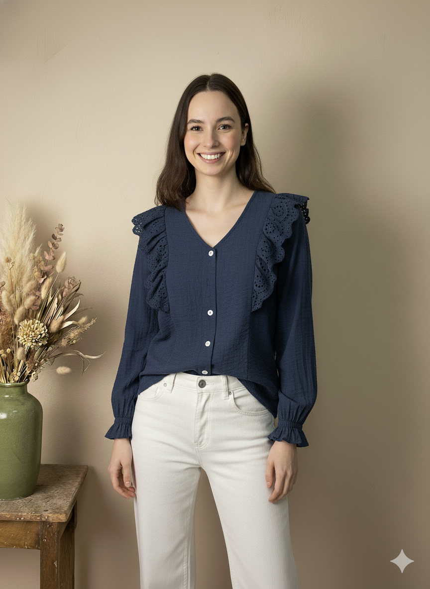 Blusa Azul Marino con Volantes Calados