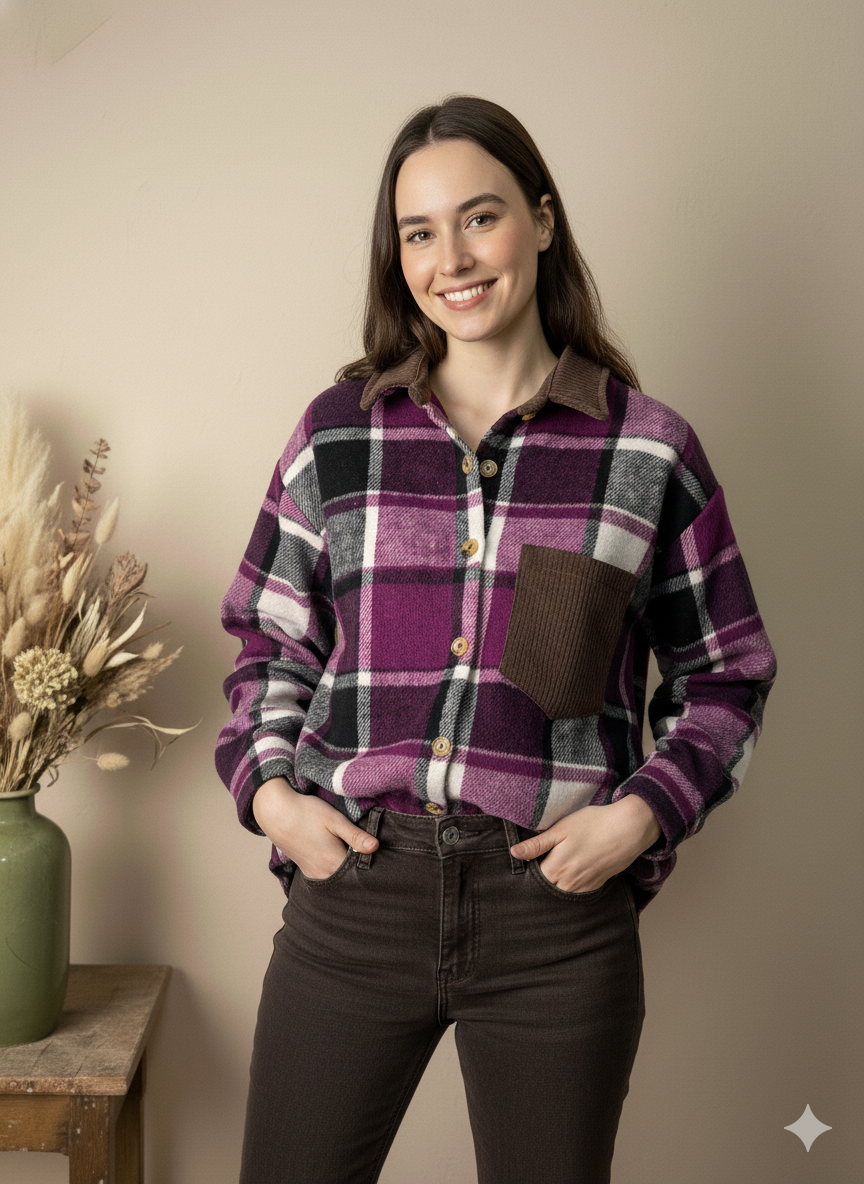 Camisa de Paño a Cuadros Morados con Cuello y Bolsillo de Pana