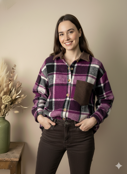 Camisa de Paño a Cuadros Morados con Cuello y Bolsillo de Pana