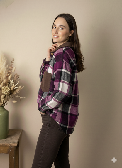 Camisa de Paño a Cuadros Morados con Cuello y Bolsillo de Pana