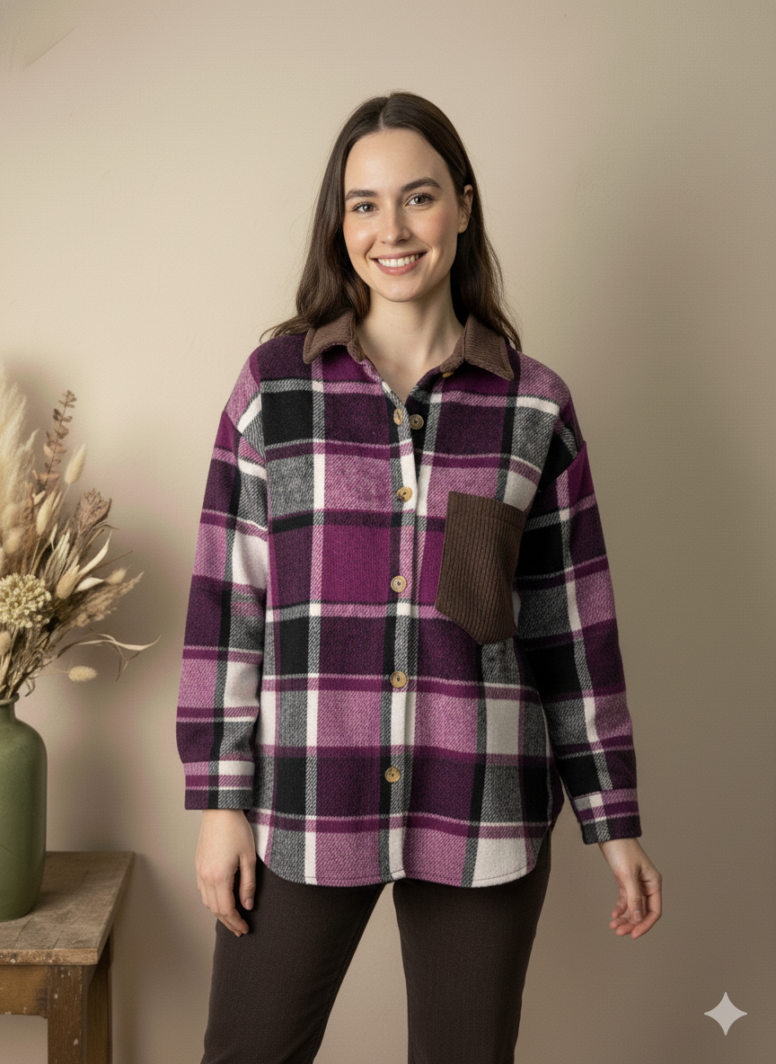 Camisa de Paño a Cuadros Morados con Cuello y Bolsillo de Pana