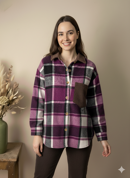 Camisa de Paño a Cuadros Morados con Cuello y Bolsillo de Pana