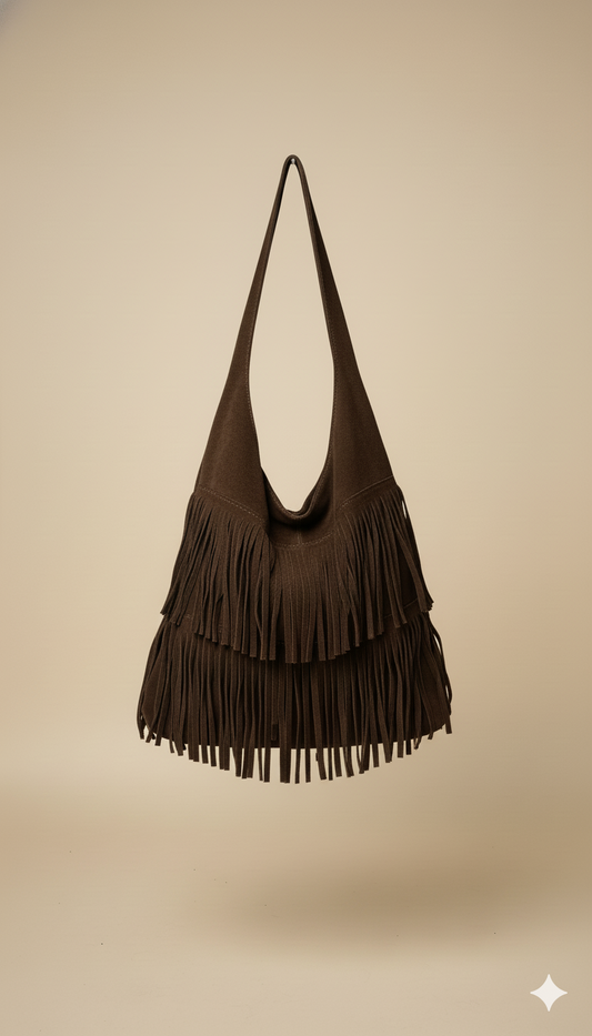 Bolso boho de Piel de Ante con Flecos en Capas