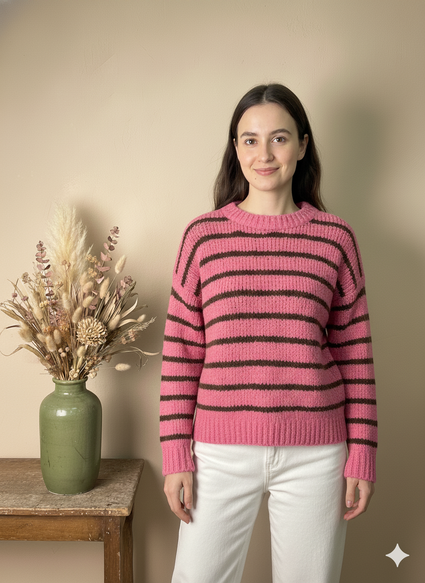 Jersey de Punto Suave a Rayas Rosas y Marrones