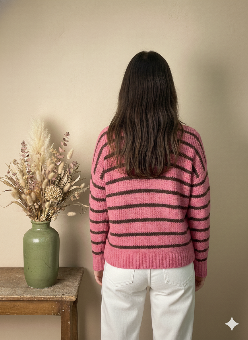 Jersey de Punto Suave a Rayas Rosas y Marrones