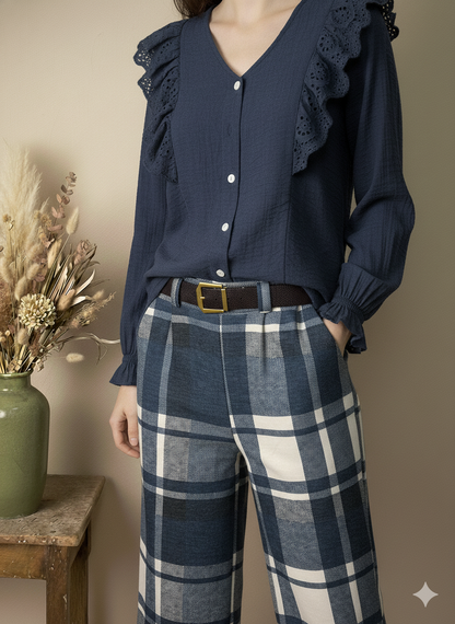 Pantalones Anchos de Cuadros en Azul Marino y Blanco