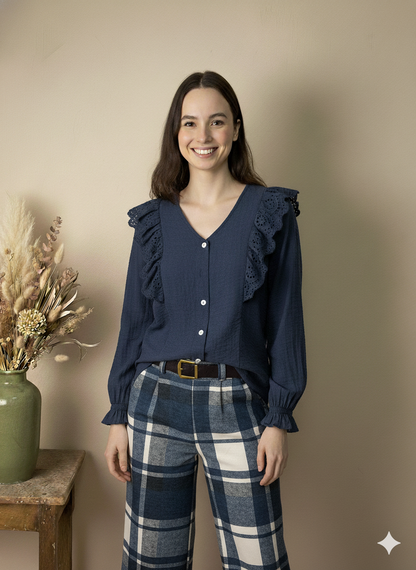 Pantalones Anchos de Cuadros en Azul Marino y Blanco