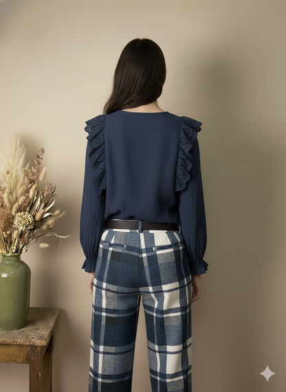 Pantalones Anchos de Cuadros en Azul Marino y Blanco