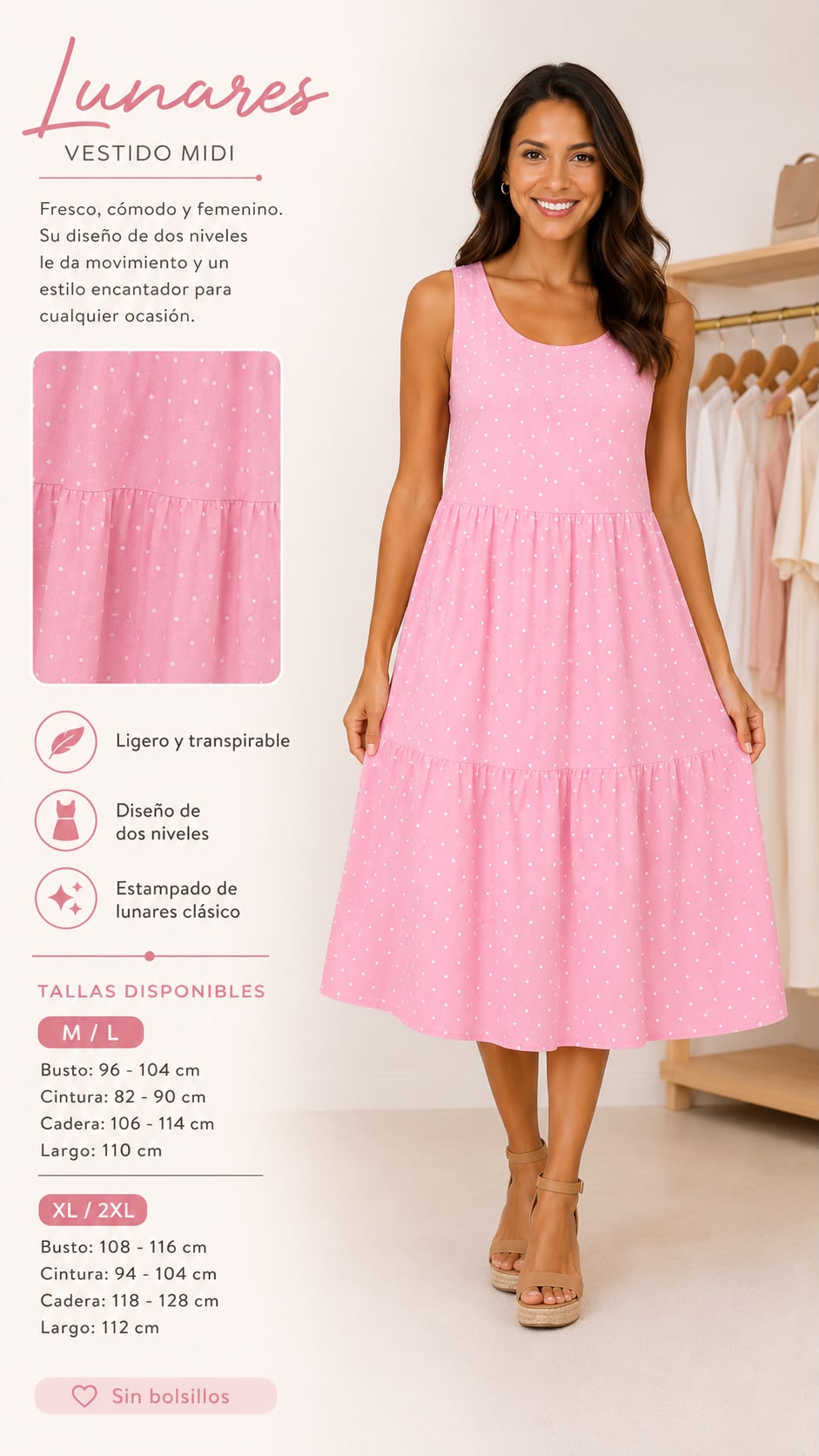 🌸 Vestido Midi Lunares Mujer