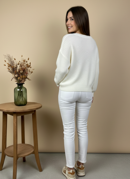 Jersey de Punto Básico de Cuello Redondo en Blanco Crudo